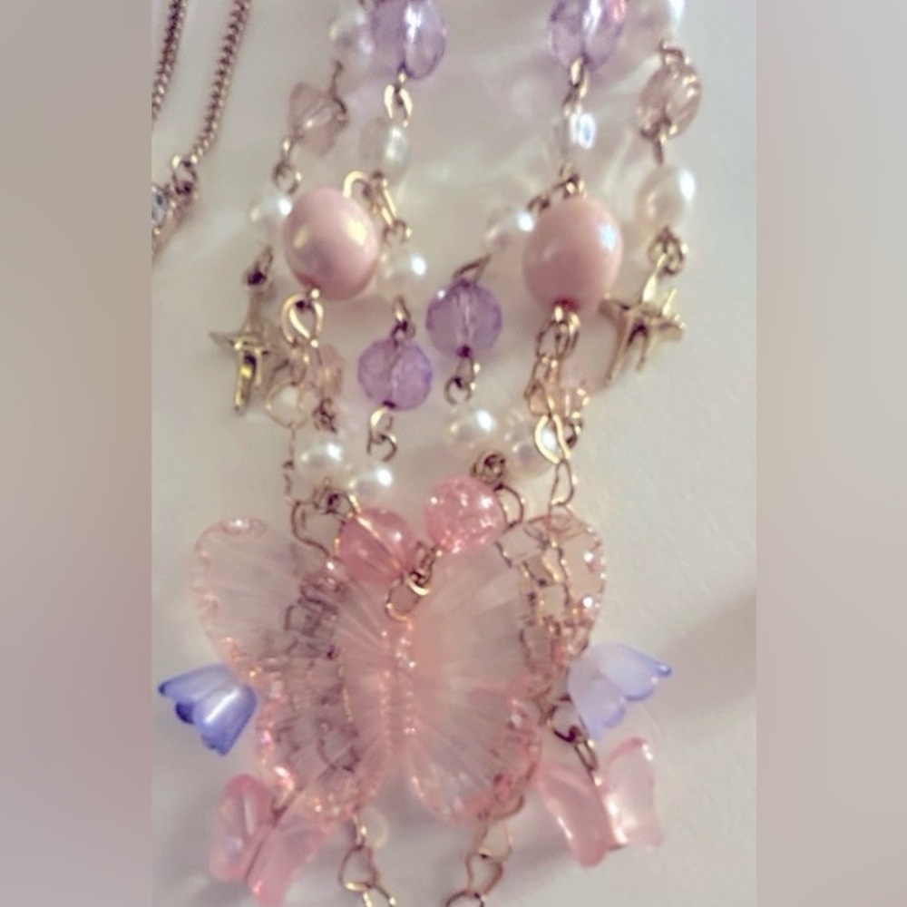 Necklace Hearts, Butterflies Flowers, Crystals Pink, Lavender, Acrylic, Magical